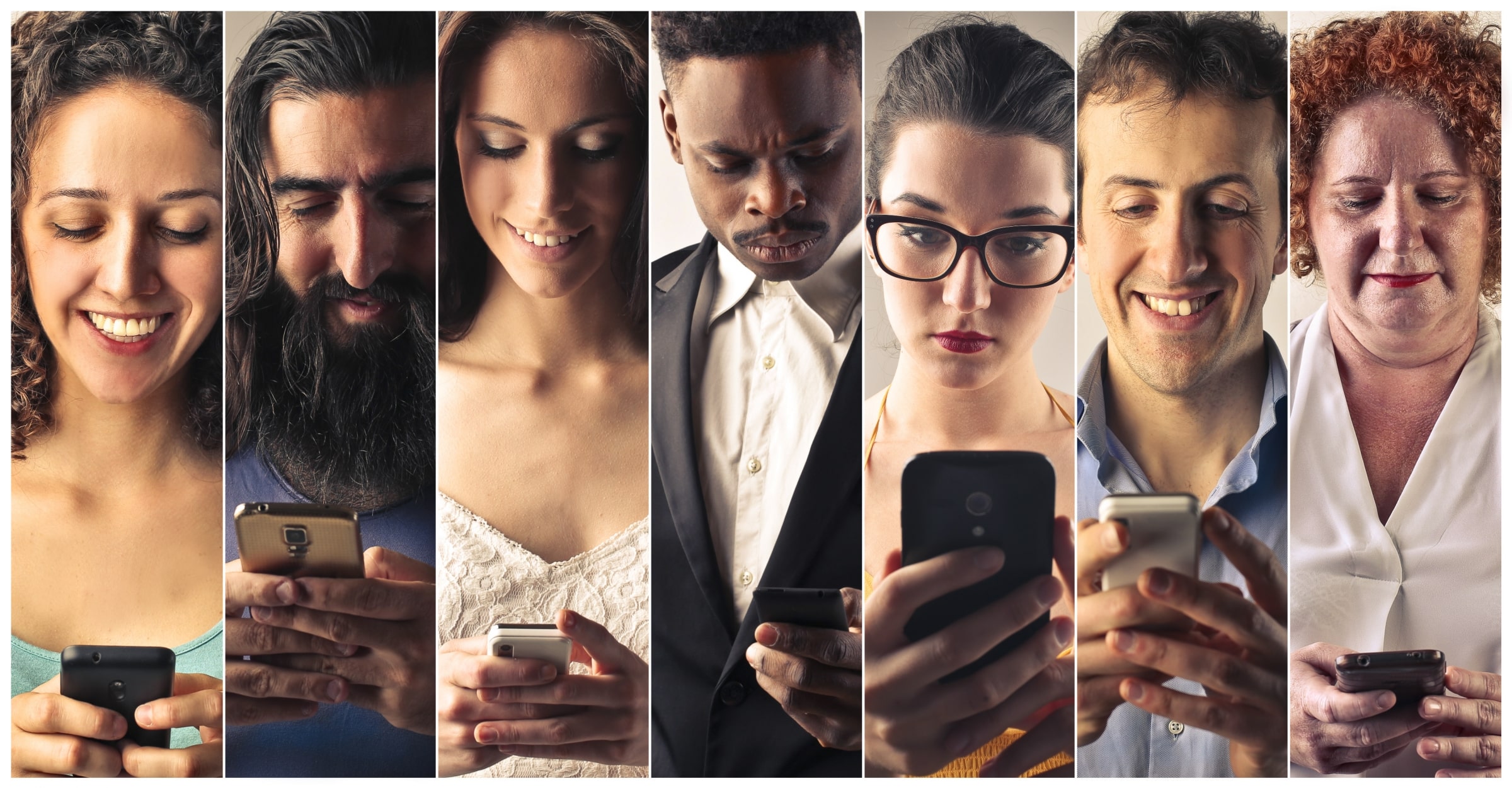 A collage of people looking at their smartphones